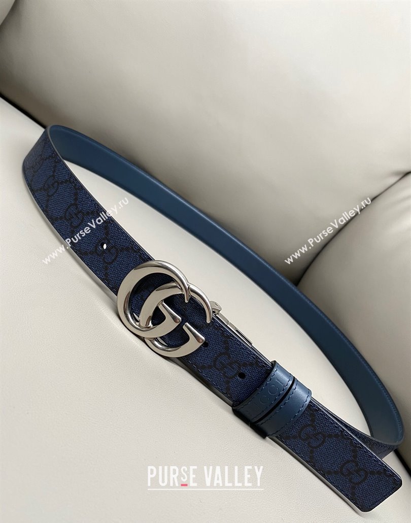 Gucci GG Canvas and Leather Reversible Belt 3cm with GG Buckle Blue 2025 GG011001 (99-240110008)