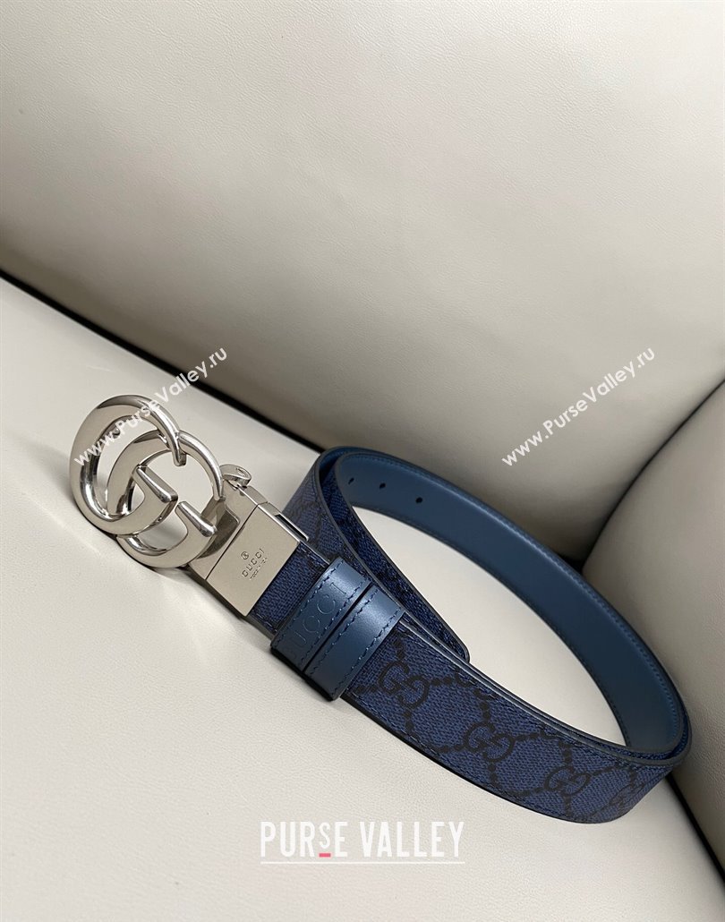 Gucci GG Canvas and Leather Reversible Belt 3cm with GG Buckle Blue 2025 GG011001 (99-240110008)