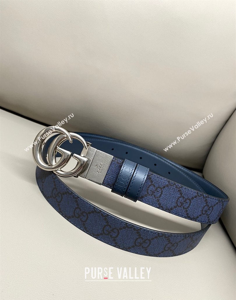 Gucci GG Canvas and Leather Reversible Belt 3cm with GG Buckle Blue 2025 GG011001 (99-240110008)