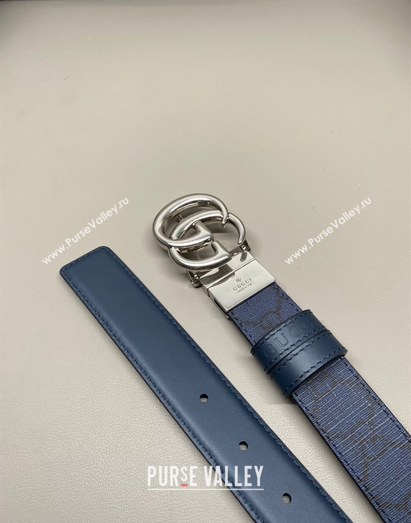 Gucci GG Canvas and Leather Reversible Belt 3cm with GG Buckle Blue 2025 GG011001 (99-240110008)