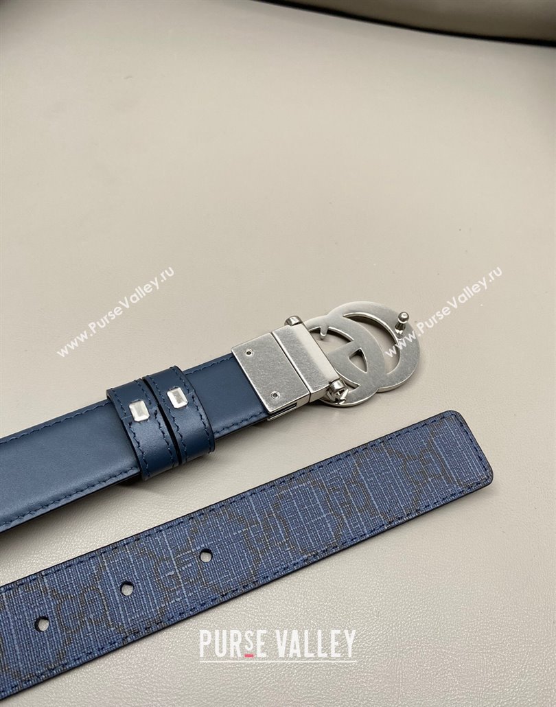 Gucci GG Canvas and Leather Reversible Belt 3cm with GG Buckle Blue 2025 GG011001 (99-240110008)