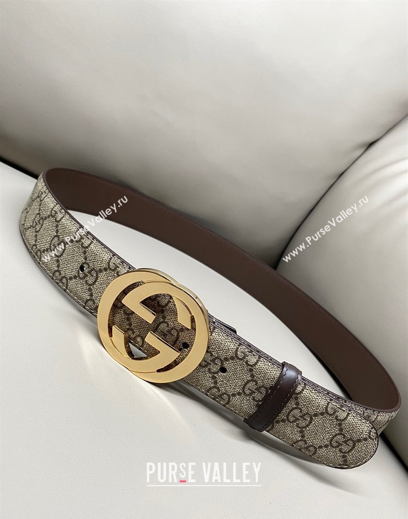 Gucci GG Supreme Canvas Belt 4cm with Gold Interlocking G Buckle Beige/Brown 2025 GG011002 (99-240110012)