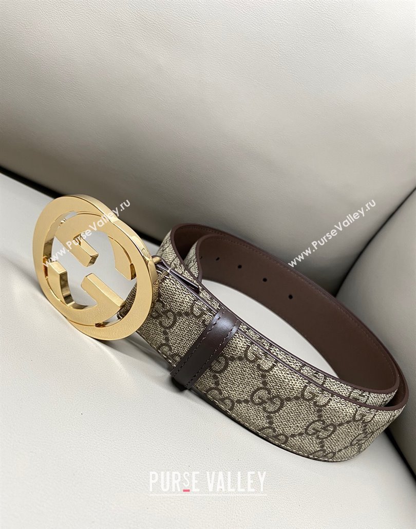 Gucci GG Supreme Canvas Belt 4cm with Gold Interlocking G Buckle Beige/Brown 2025 GG011002 (99-240110012)