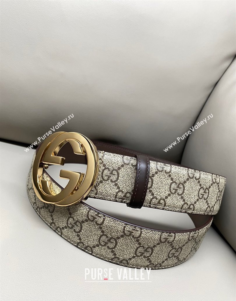 Gucci GG Supreme Canvas Belt 4cm with Gold Interlocking G Buckle Beige/Brown 2025 GG011002 (99-240110012)