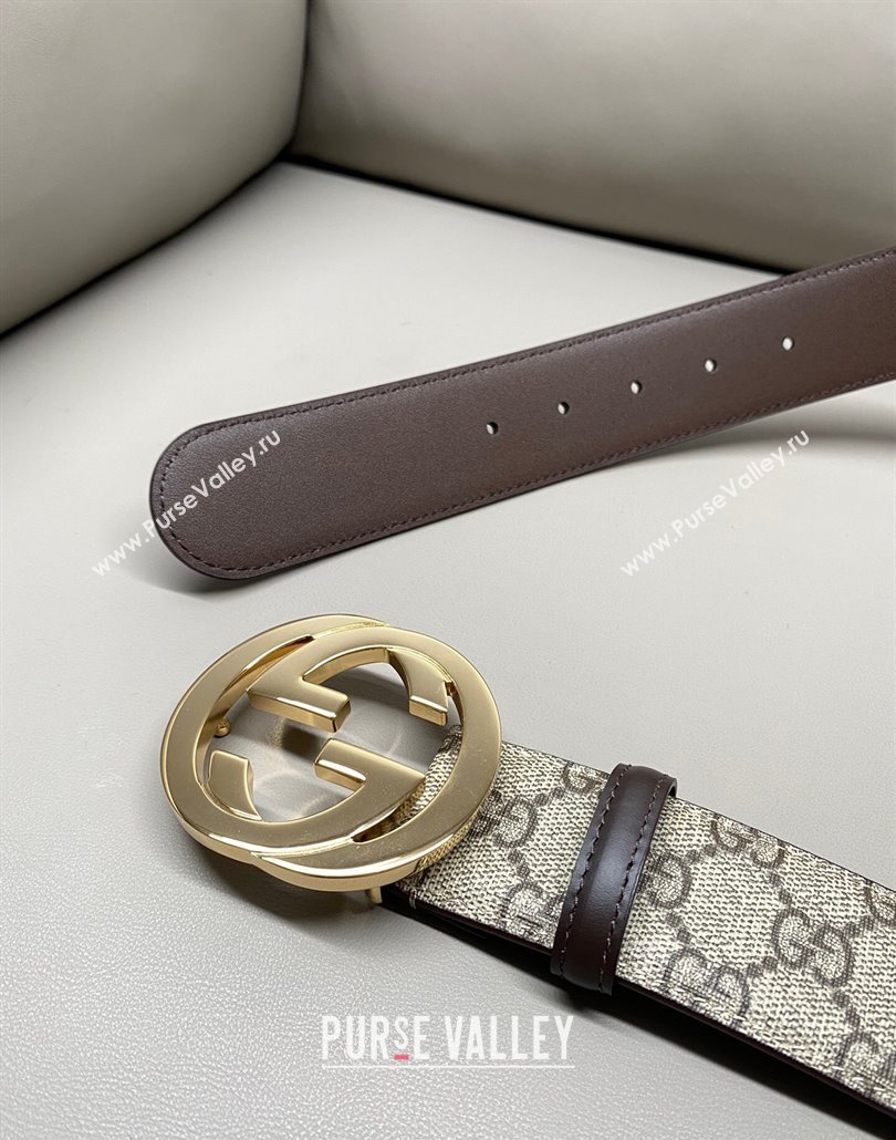 Gucci GG Supreme Canvas Belt 4cm with Gold Interlocking G Buckle Beige/Brown 2025 GG011002 (99-240110012)