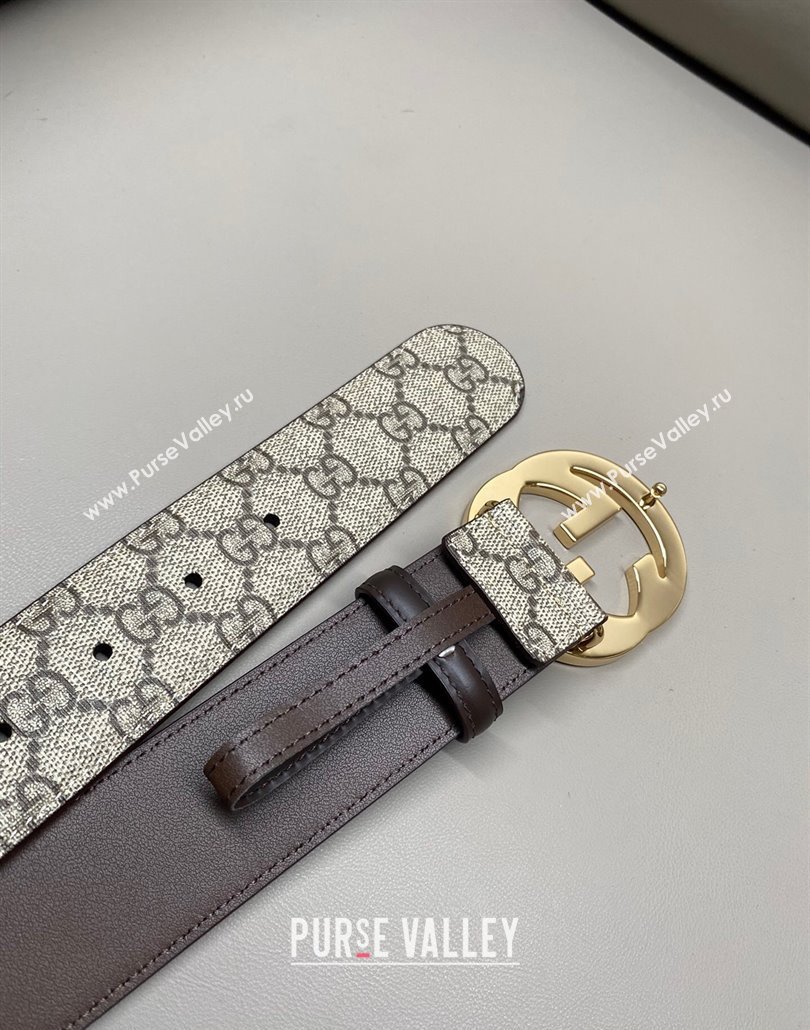 Gucci GG Supreme Canvas Belt 4cm with Gold Interlocking G Buckle Beige/Brown 2025 GG011002 (99-240110012)