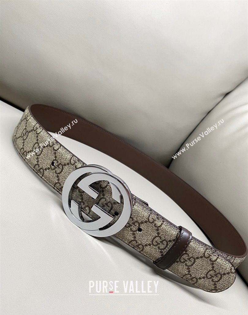 Gucci GG Supreme Canvas Belt 4cm with Silver Interlocking G Buckle Beige/Brown 2025 GG011002 (99-240110013)