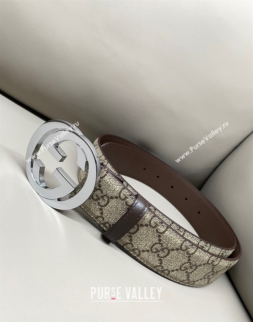 Gucci GG Supreme Canvas Belt 4cm with Silver Interlocking G Buckle Beige/Brown 2025 GG011002 (99-240110013)