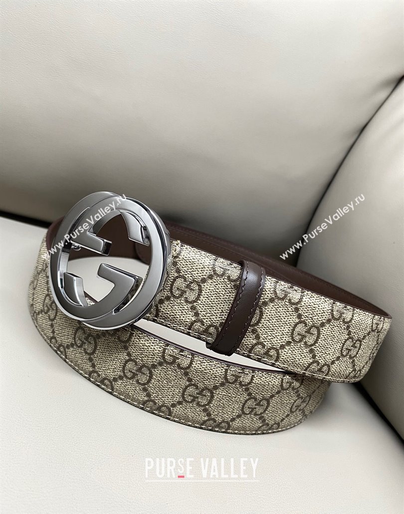 Gucci GG Supreme Canvas Belt 4cm with Silver Interlocking G Buckle Beige/Brown 2025 GG011002 (99-240110013)