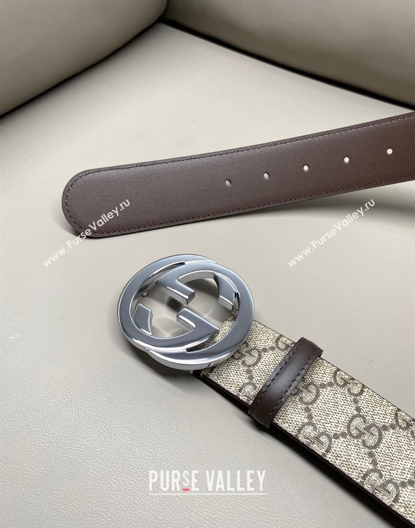 Gucci GG Supreme Canvas Belt 4cm with Silver Interlocking G Buckle Beige/Brown 2025 GG011002 (99-240110013)