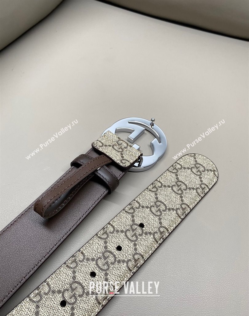 Gucci GG Supreme Canvas Belt 4cm with Silver Interlocking G Buckle Beige/Brown 2025 GG011002 (99-240110013)