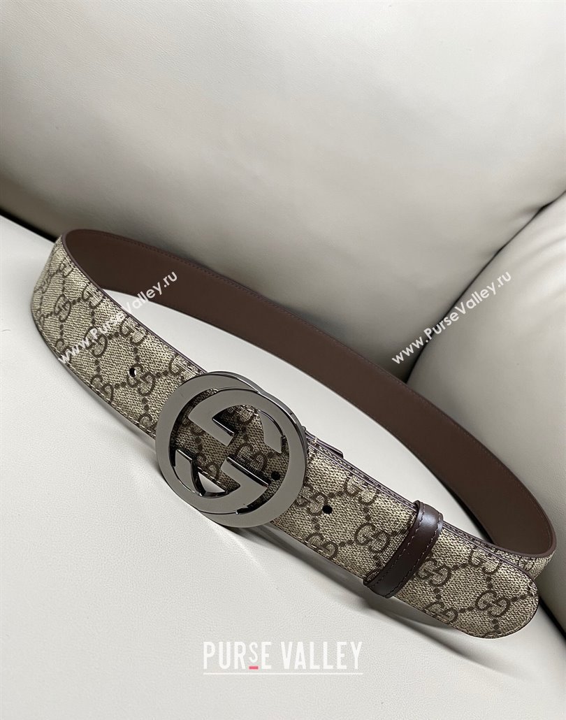 Gucci GG Supreme Canvas Belt 4cm with Gunmetal Interlocking G Buckle Beige/Brown 2025 GG011002 (99-240110014)