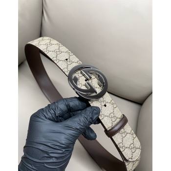 Gucci GG Supreme Canvas Belt 4cm with Gunmetal Interlocking G Buckle Beige/Brown 2025 GG011002 (99-240110014)