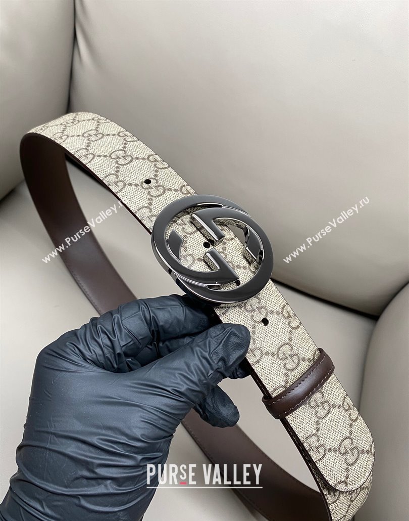 Gucci GG Supreme Canvas Belt 4cm with Gunmetal Interlocking G Buckle Beige/Brown 2025 GG011002 (99-240110014)