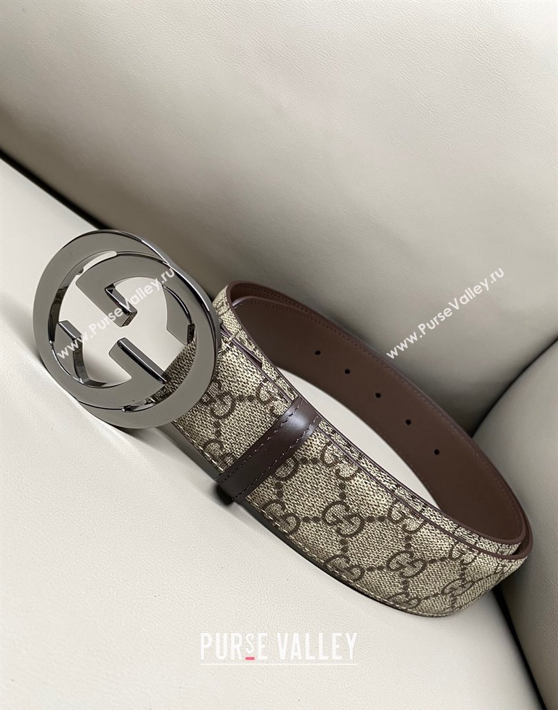 Gucci GG Supreme Canvas Belt 4cm with Gunmetal Interlocking G Buckle Beige/Brown 2025 GG011002 (99-240110014)