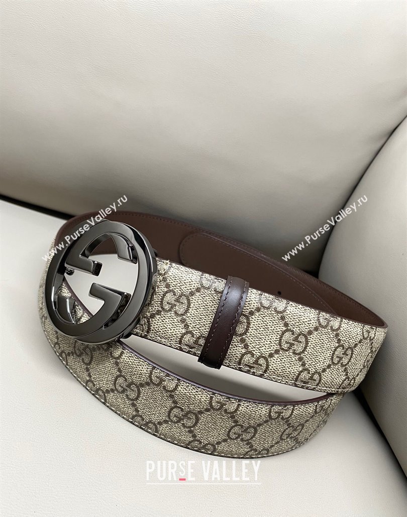 Gucci GG Supreme Canvas Belt 4cm with Gunmetal Interlocking G Buckle Beige/Brown 2025 GG011002 (99-240110014)