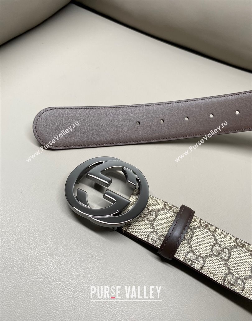 Gucci GG Supreme Canvas Belt 4cm with Gunmetal Interlocking G Buckle Beige/Brown 2025 GG011002 (99-240110014)