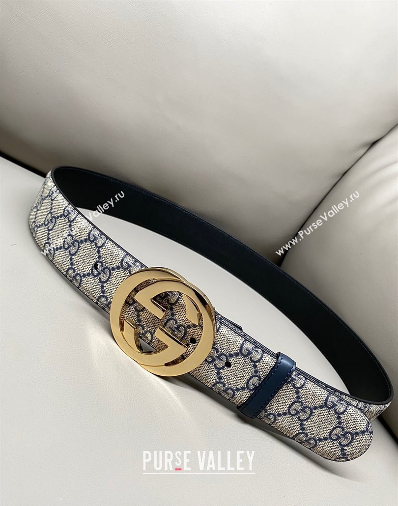 Gucci GG Supreme Canvas Belt 4cm with Gold Interlocking G Buckle Beige/Blue 2025 GG011002 (99-240110015)