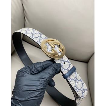 Gucci GG Supreme Canvas Belt 4cm with Gold Interlocking G Buckle Beige/Blue 2025 GG011002 (99-240110015)