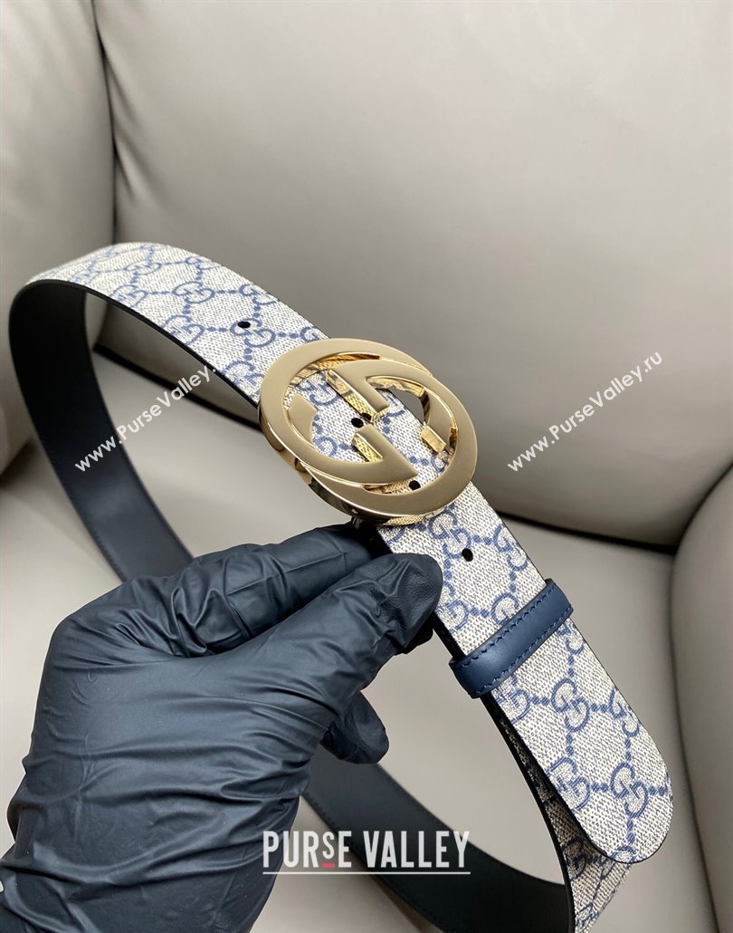 Gucci GG Supreme Canvas Belt 4cm with Gold Interlocking G Buckle Beige/Blue 2025 GG011002 (99-240110015)