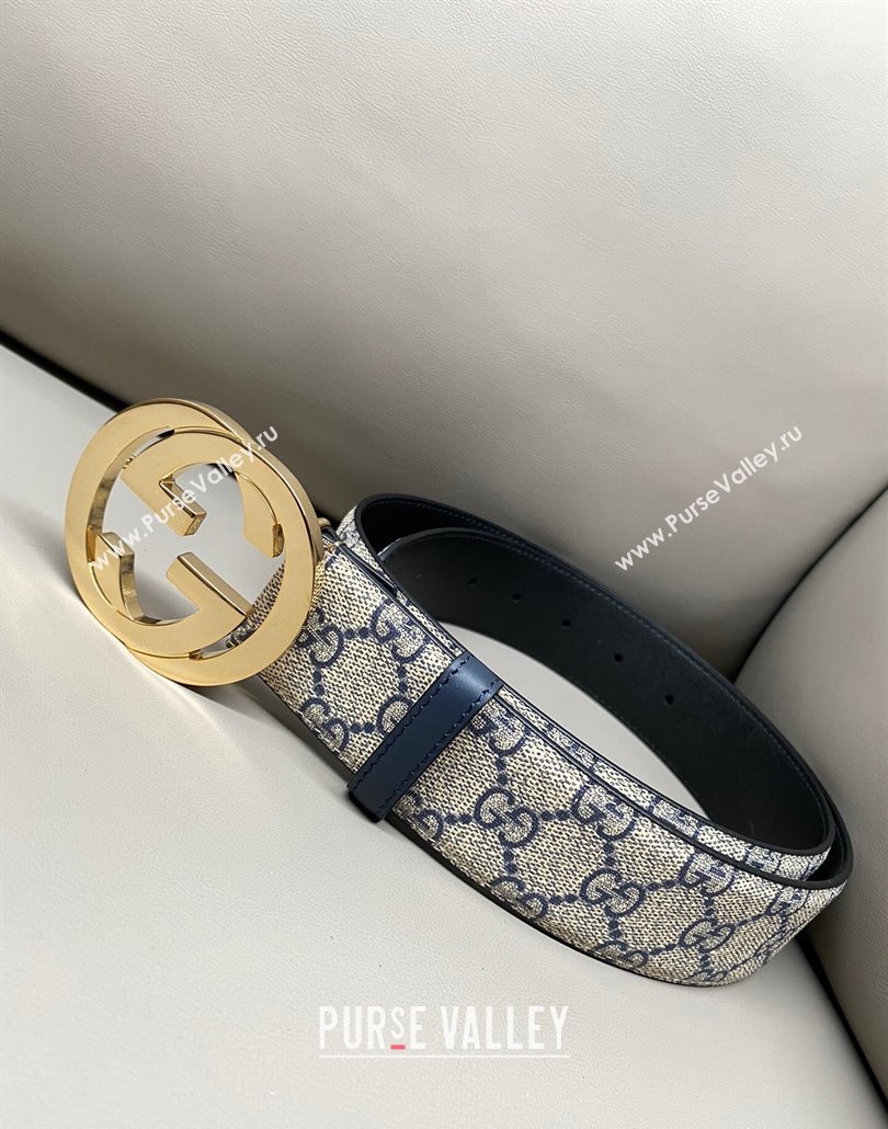 Gucci GG Supreme Canvas Belt 4cm with Gold Interlocking G Buckle Beige/Blue 2025 GG011002 (99-240110015)