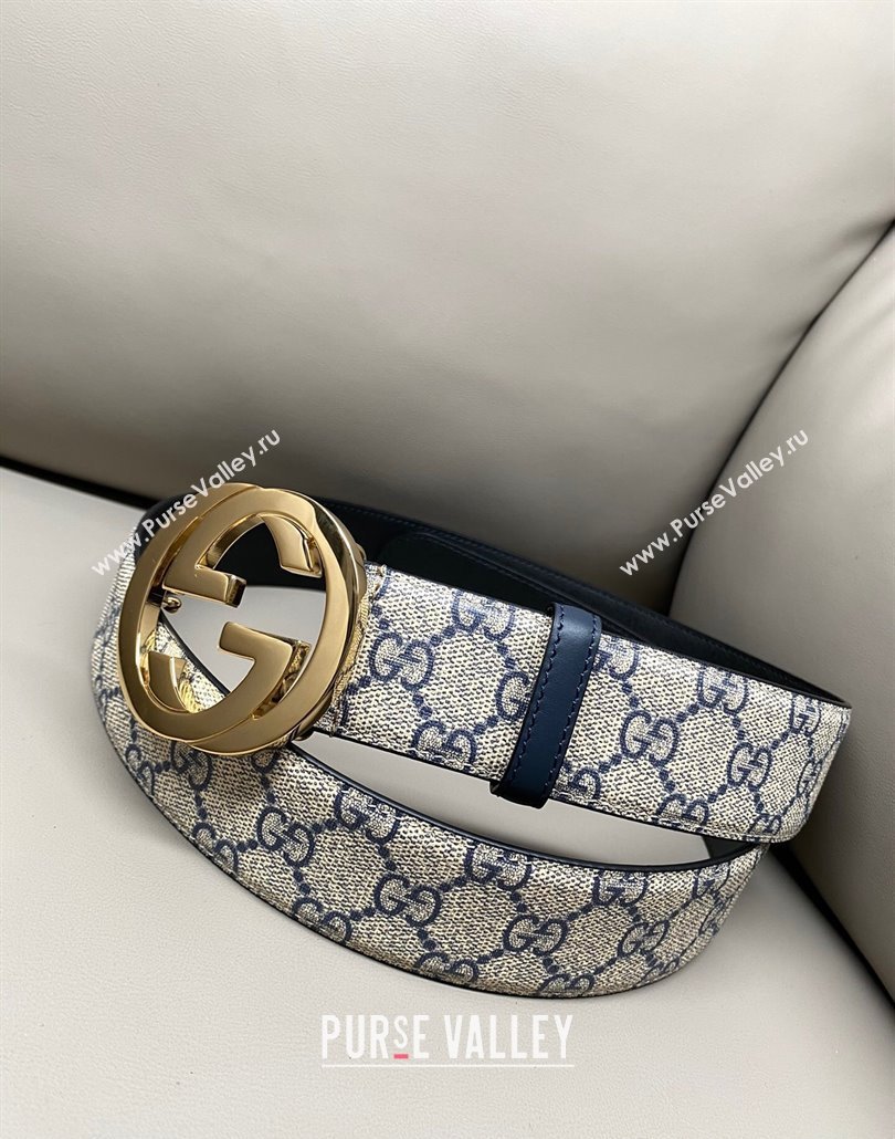 Gucci GG Supreme Canvas Belt 4cm with Gold Interlocking G Buckle Beige/Blue 2025 GG011002 (99-240110015)