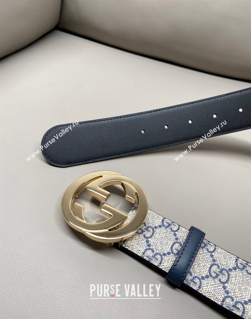 Gucci GG Supreme Canvas Belt 4cm with Gold Interlocking G Buckle Beige/Blue 2025 GG011002 (99-240110015)