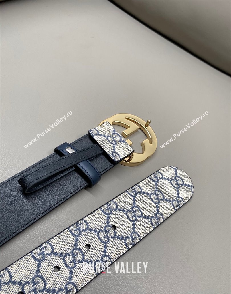 Gucci GG Supreme Canvas Belt 4cm with Gold Interlocking G Buckle Beige/Blue 2025 GG011002 (99-240110015)