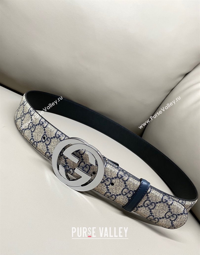 Gucci GG Supreme Canvas Belt 4cm with Interlocking G Buckle Beige/Blue Silver 2025 GG011002 (99-240110016)