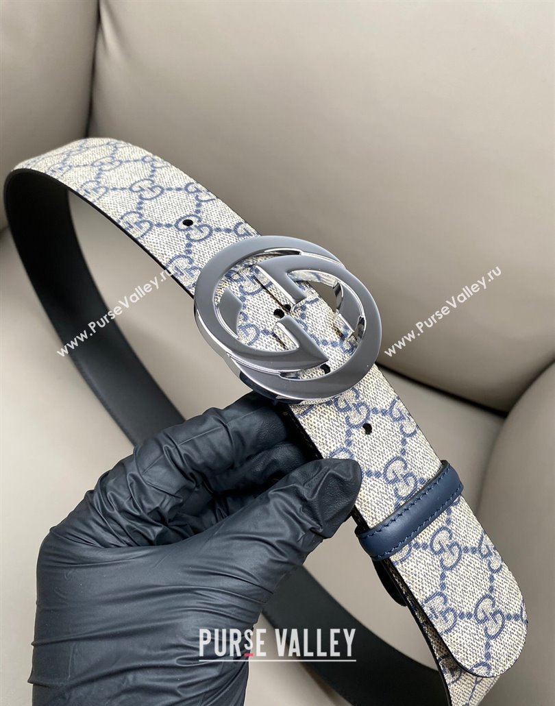 Gucci GG Supreme Canvas Belt 4cm with Interlocking G Buckle Beige/Blue Silver 2025 GG011002 (99-240110016)