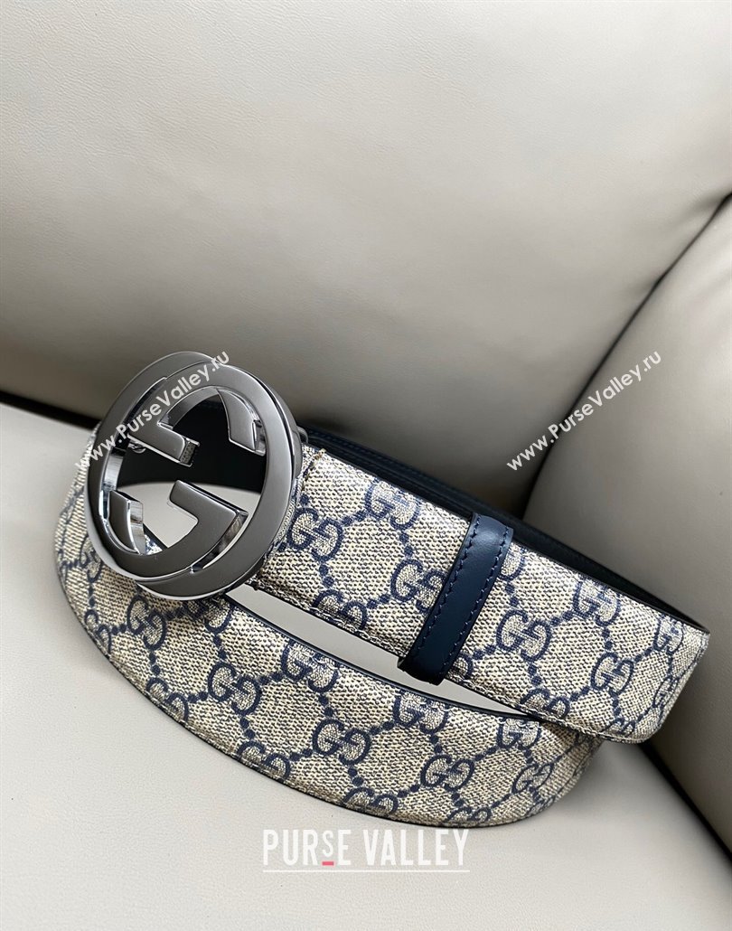 Gucci GG Supreme Canvas Belt 4cm with Interlocking G Buckle Beige/Blue Silver 2025 GG011002 (99-240110016)