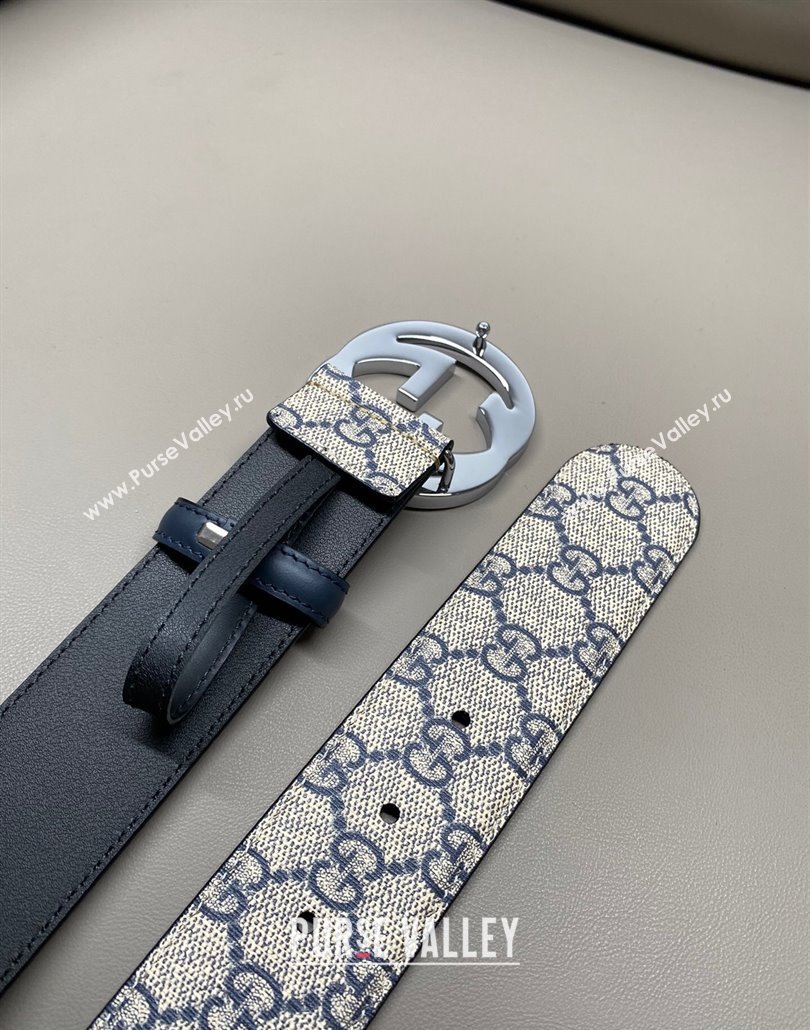 Gucci GG Supreme Canvas Belt 4cm with Interlocking G Buckle Beige/Blue Silver 2025 GG011002 (99-240110016)