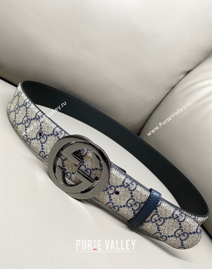 Gucci GG Supreme Canvas Belt 4cm with Gunmetal Interlocking G Buckle Beige/Blue 2025 GG011002 (99-240110017)