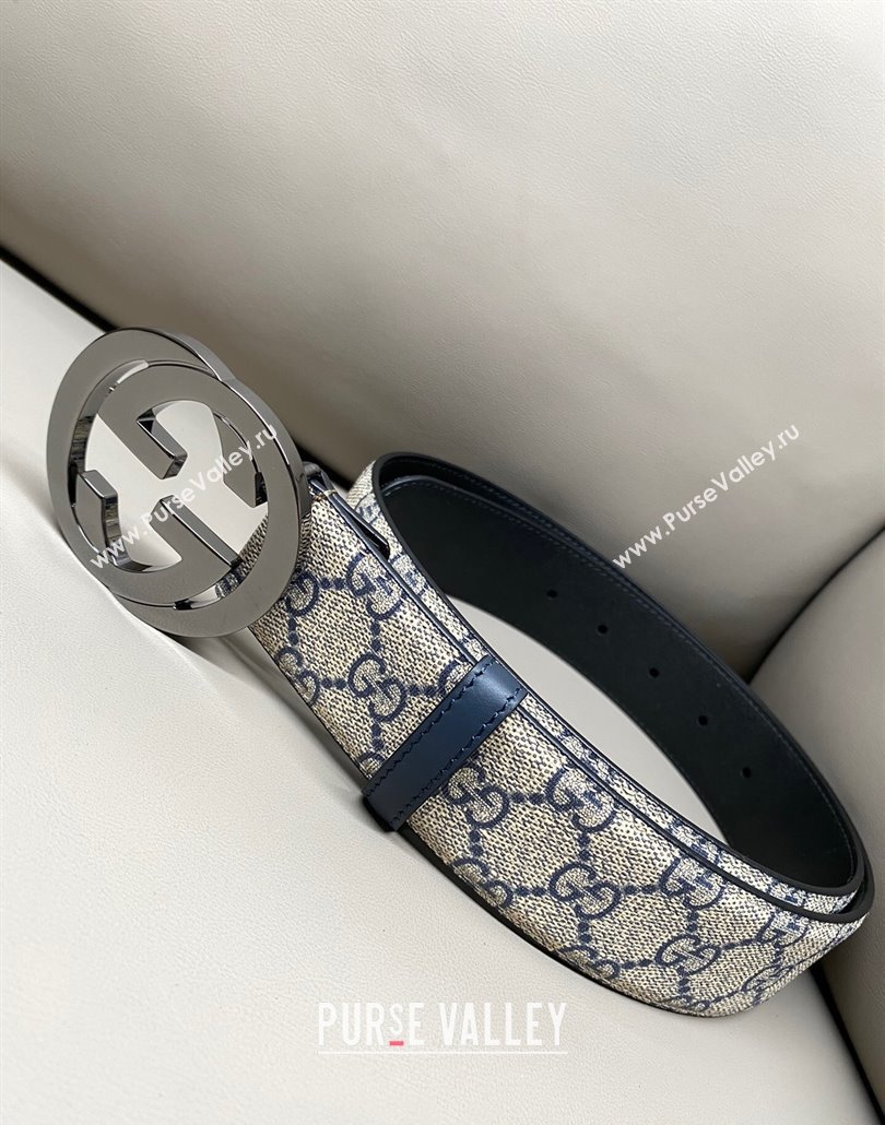 Gucci GG Supreme Canvas Belt 4cm with Gunmetal Interlocking G Buckle Beige/Blue 2025 GG011002 (99-240110017)