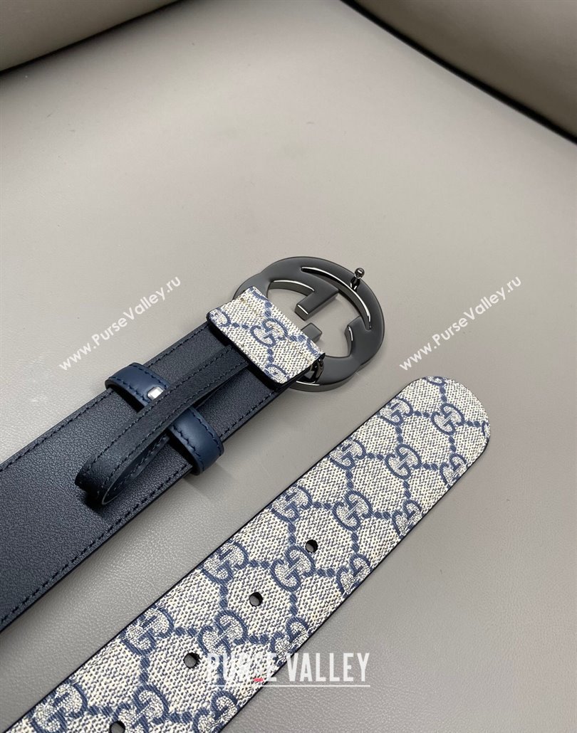 Gucci GG Supreme Canvas Belt 4cm with Gunmetal Interlocking G Buckle Beige/Blue 2025 GG011002 (99-240110017)