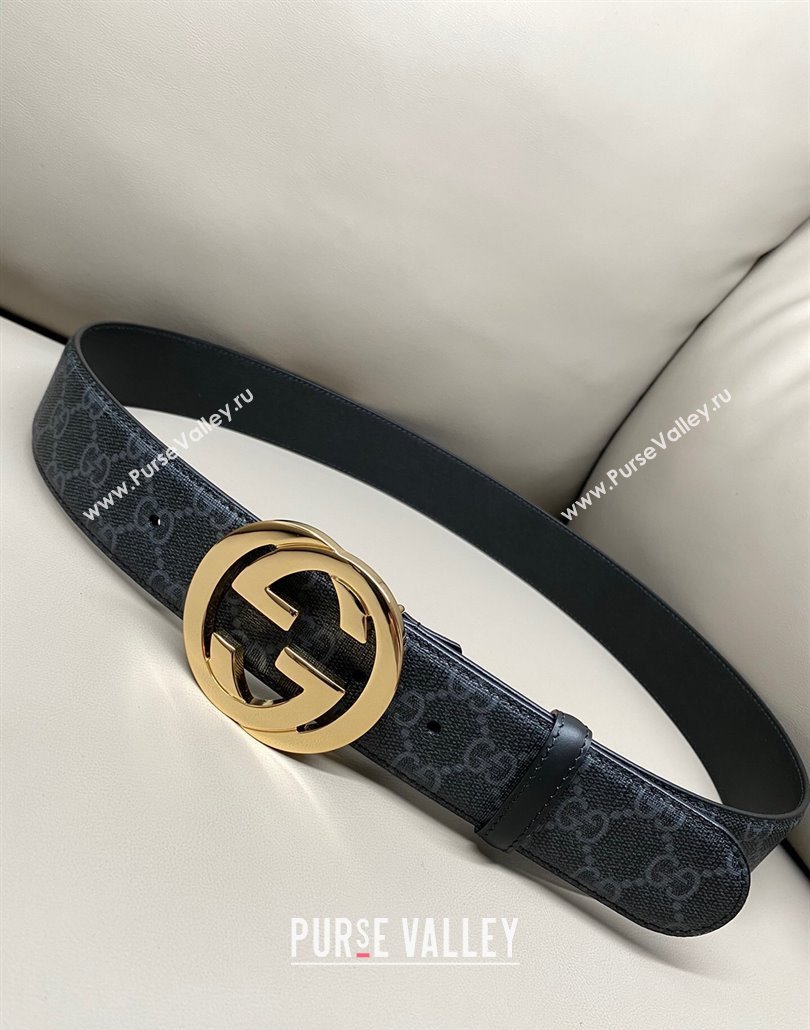 Gucci GG Supreme Canvas Belt 4cm with Gold Interlocking G Buckle Black2 2025 GG011002 (99-240110018)