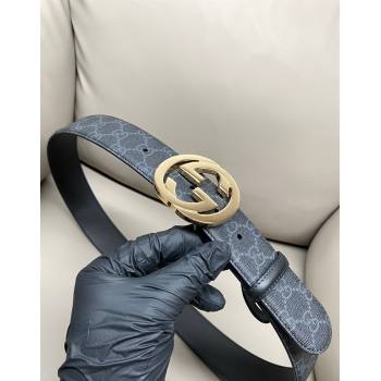 Gucci GG Supreme Canvas Belt 4cm with Gold Interlocking G Buckle Black2 2025 GG011002 (99-240110018)