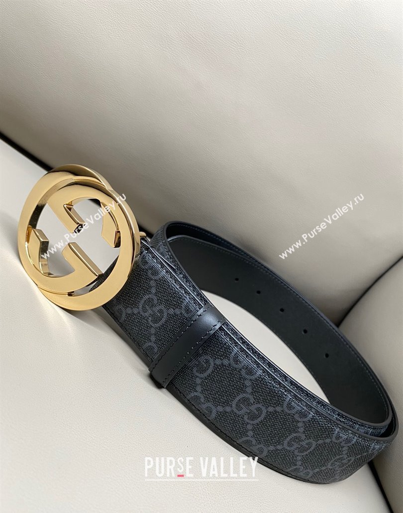 Gucci GG Supreme Canvas Belt 4cm with Gold Interlocking G Buckle Black2 2025 GG011002 (99-240110018)