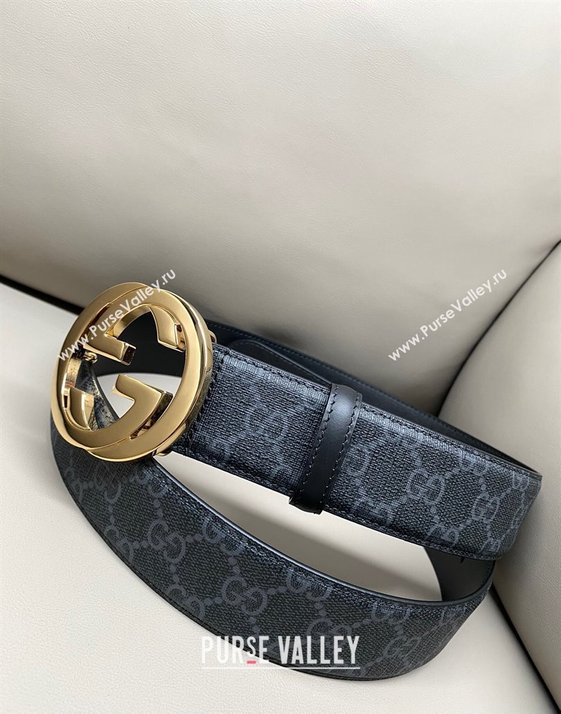 Gucci GG Supreme Canvas Belt 4cm with Gold Interlocking G Buckle Black2 2025 GG011002 (99-240110018)