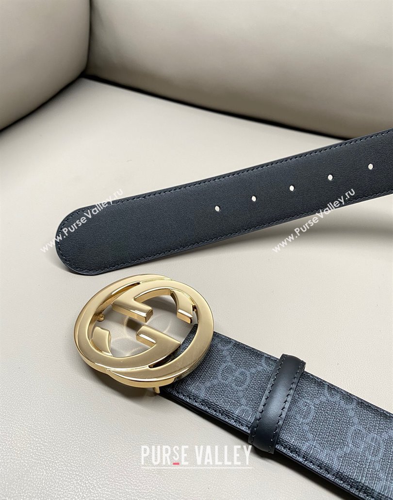 Gucci GG Supreme Canvas Belt 4cm with Gold Interlocking G Buckle Black2 2025 GG011002 (99-240110018)