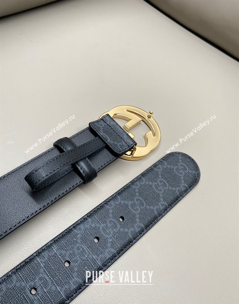 Gucci GG Supreme Canvas Belt 4cm with Gold Interlocking G Buckle Black2 2025 GG011002 (99-240110018)