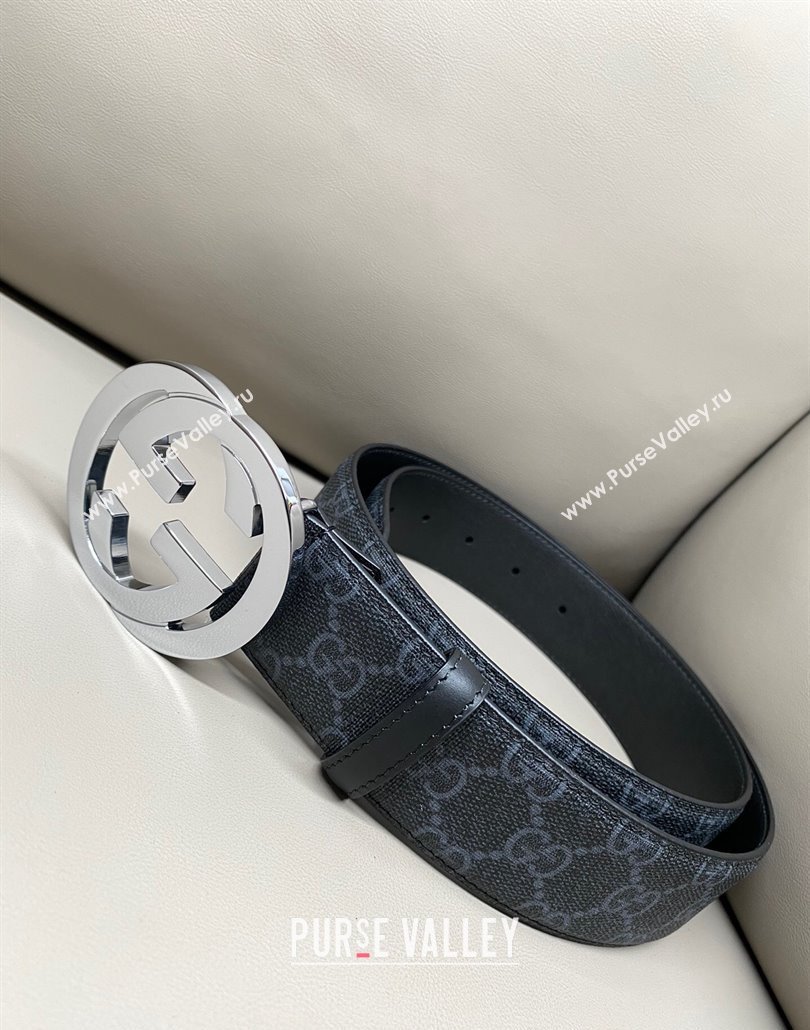 Gucci GG Supreme Canvas Belt 4cm with Silver Interlocking G Buckle Black2 2025 GG011002 (99-240110019)