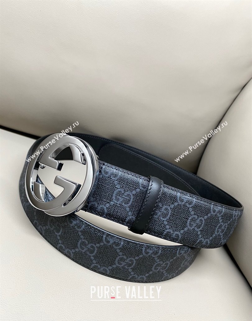 Gucci GG Supreme Canvas Belt 4cm with Silver Interlocking G Buckle Black2 2025 GG011002 (99-240110019)