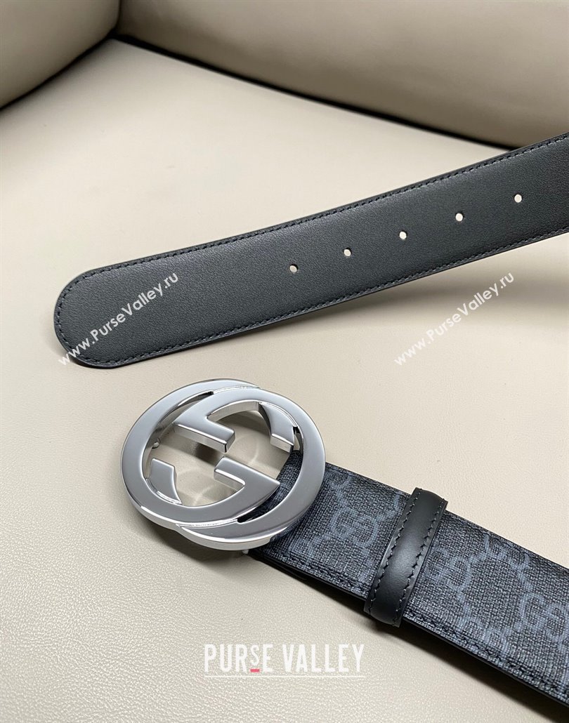 Gucci GG Supreme Canvas Belt 4cm with Silver Interlocking G Buckle Black2 2025 GG011002 (99-240110019)