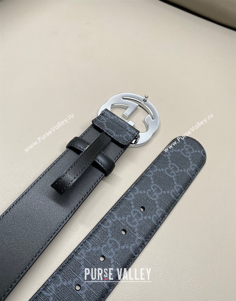 Gucci GG Supreme Canvas Belt 4cm with Silver Interlocking G Buckle Black2 2025 GG011002 (99-240110019)