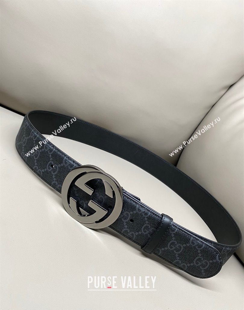 Gucci GG Supreme Canvas Belt 4cm with Gunmetal Interlocking G Buckle Black2 2025 GG011002 (99-240110020)