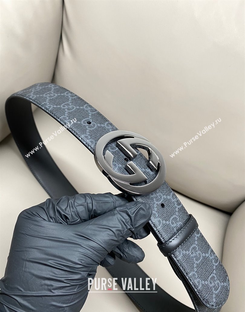 Gucci GG Supreme Canvas Belt 4cm with Gunmetal Interlocking G Buckle Black2 2025 GG011002 (99-240110020)