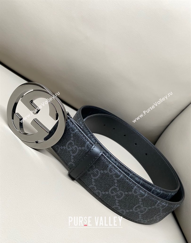 Gucci GG Supreme Canvas Belt 4cm with Gunmetal Interlocking G Buckle Black2 2025 GG011002 (99-240110020)