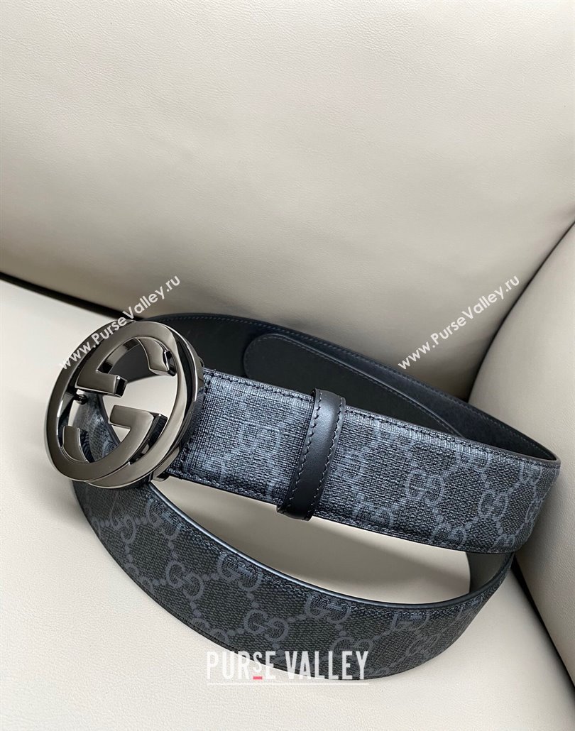 Gucci GG Supreme Canvas Belt 4cm with Gunmetal Interlocking G Buckle Black2 2025 GG011002 (99-240110020)