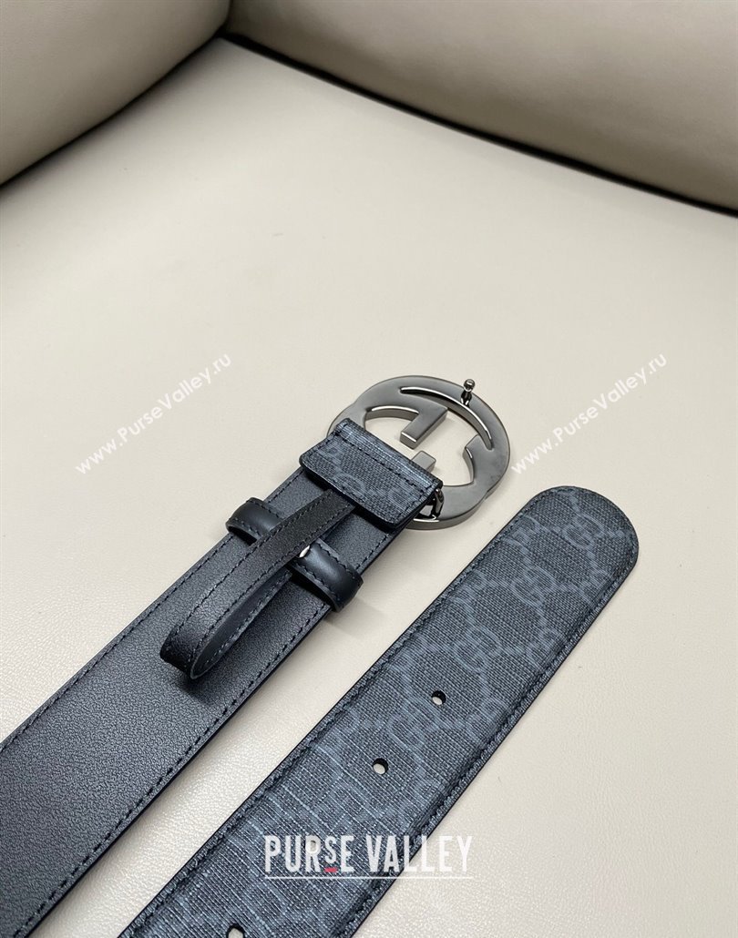 Gucci GG Supreme Canvas Belt 4cm with Gunmetal Interlocking G Buckle Black2 2025 GG011002 (99-240110020)